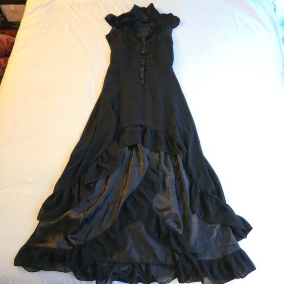 Voodoo Vixen Victorian Gothic Black Chiffon Ruffled High Low Dress NAT1 - Picture 2 of 16
